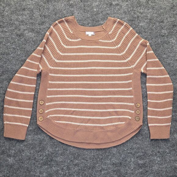 Juniper Ln Maternity Sweater Womens Medium Tan White Stripe Side Button Pullover - Picture 1 of 7